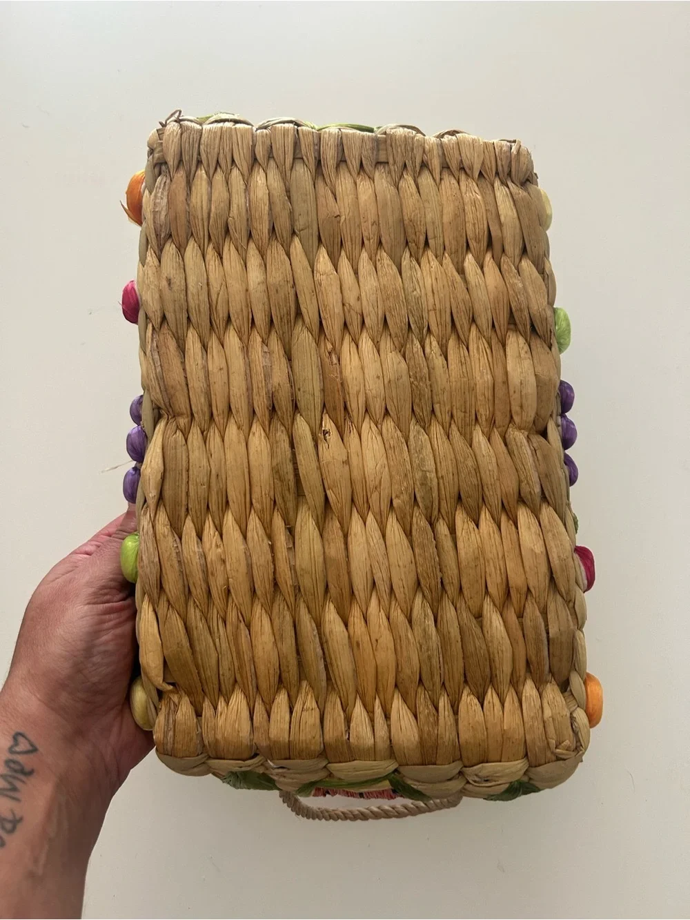 Vintage hand Woven Fruit Accent Serving Tray casserole carrier in Natural Beige